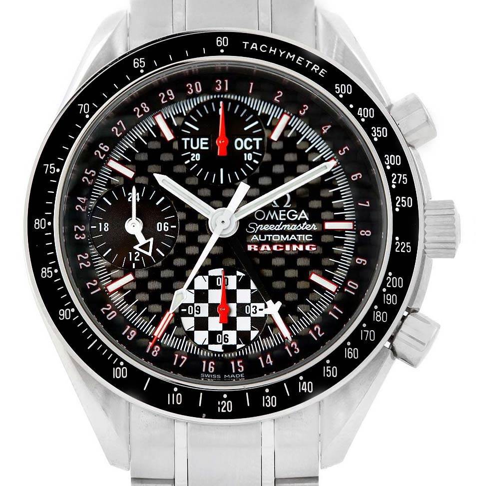 The image shows a frontal view of an Omega Speedmaster 3529.50.00 Men's Stainless Steel Black Dial 3529.50.00 Men's Stainless Steel Black Dial Racing watch featuring a tachymeter bezel and three subdials.