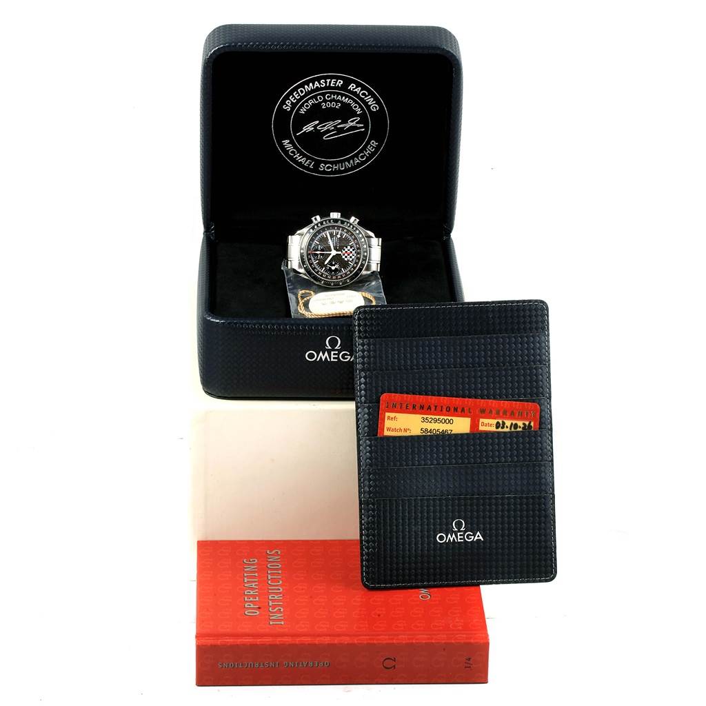 The Omega Speedmaster 3529.50.00 Men's Stainless Steel Black Dial 3529.50.00 Men's Stainless Steel Black Dial watch is shown in its box along with the warranty card and operating instructions.
