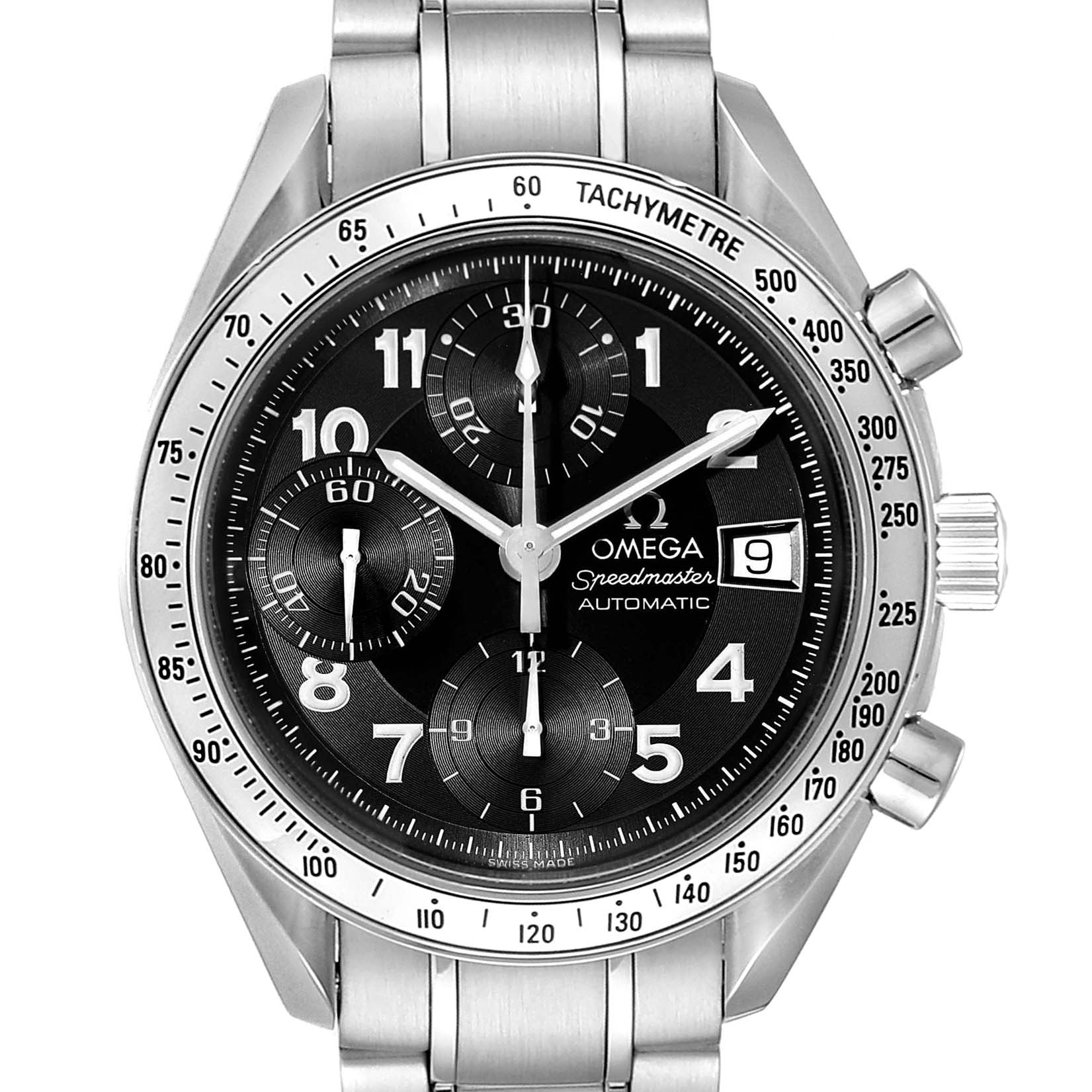 The image shows a front view of the Omega Speedmaster 3513.52.00 Men
s Stainless Steel Black Dial 3513.52.00 Men
s Stainless Steel Black Dial watch highlighting its face, bezel, and stainless-steel bracelet.