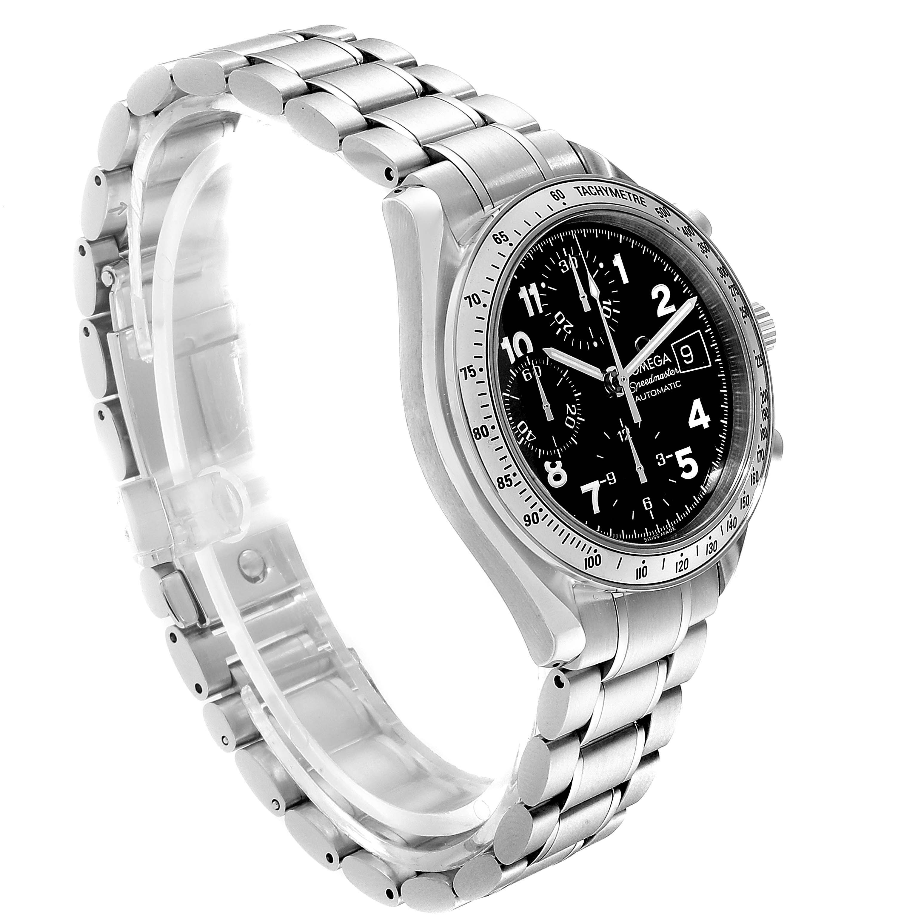 This image shows an Omega Speedmaster 3513.52.00 Men
s Stainless Steel Black Dial 3513.52.00 Men
s Stainless Steel Black Dial watch angled from the top left, highlighting its face, bezel, and metal bracelet.