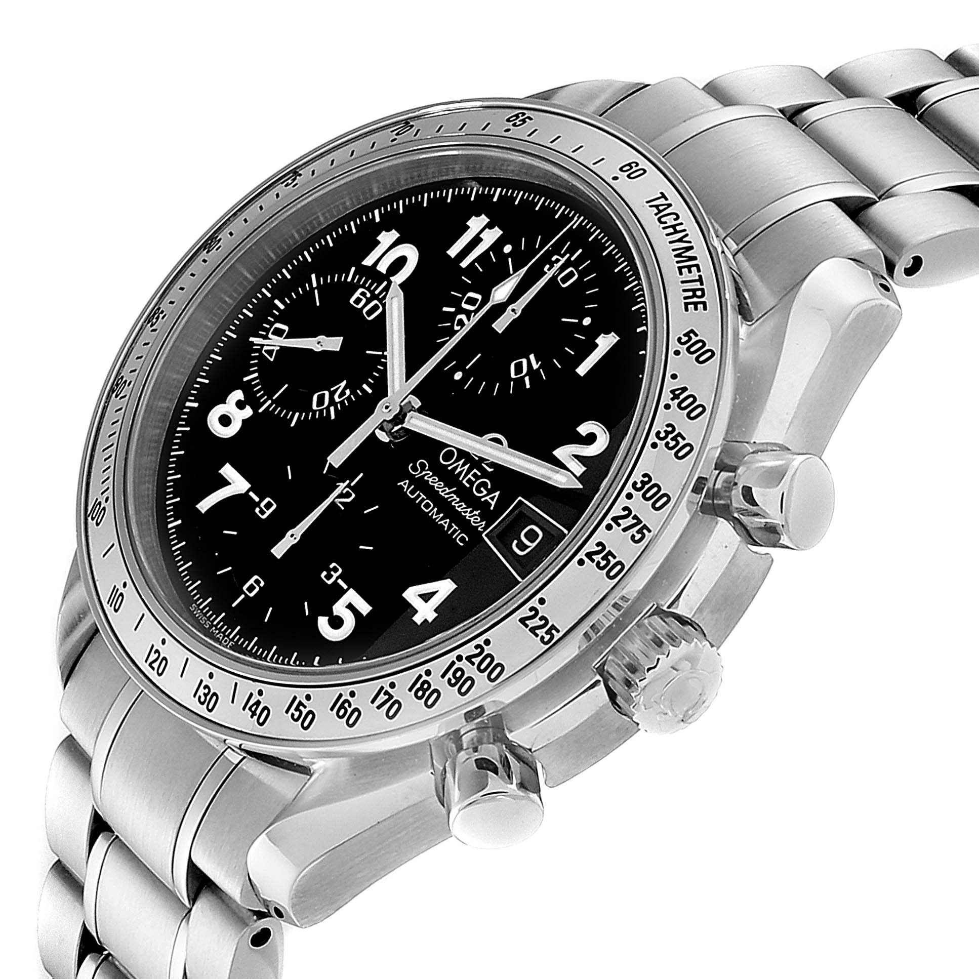 The image shows an Omega Speedmaster 3513.52.00 Men
s Stainless Steel Black Dial 3513.52.00 Men
s Stainless Steel Black Dial watch at a three-quarter angle, highlighting the dial, bezel, pushers, and metal bracelet.