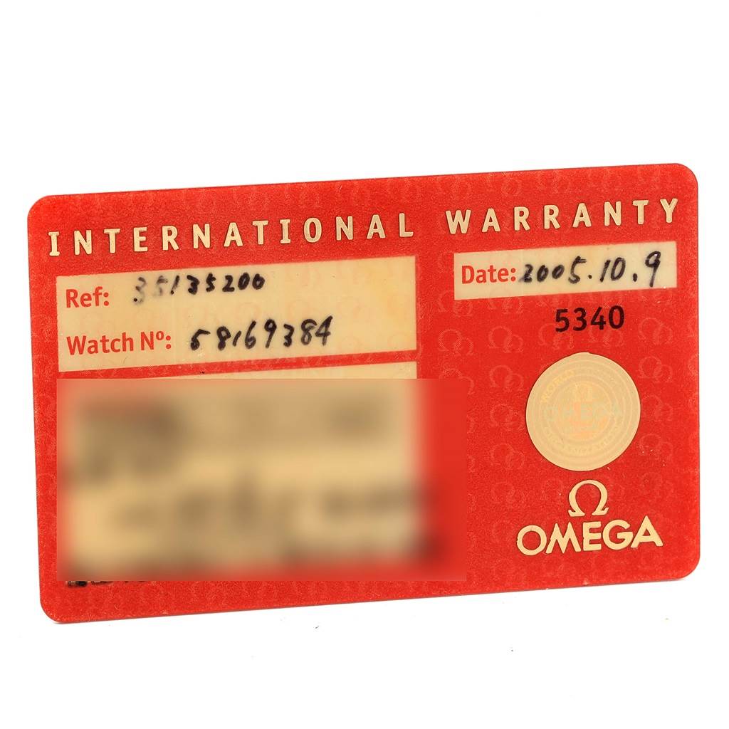 The image shows an international warranty card for the Omega Speedmaster 3513.52.00 Men
s Stainless Steel Black Dial 3513.52.00 Men
s Stainless Steel Black Dial watch, including the reference number and purchase date.