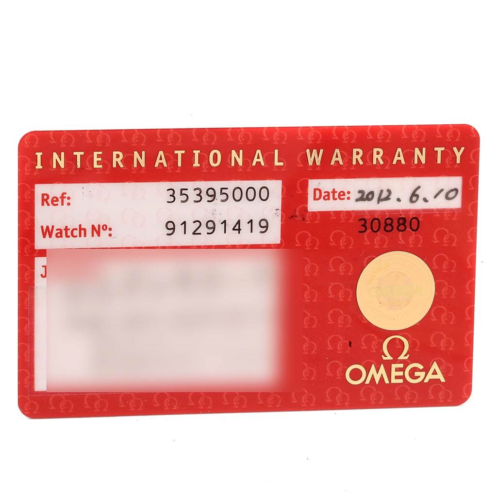 The image shows an Omega Speedmaster 3539.50.00 Men
s Stainless Steel Black Dial 3539.50.00 Men
s Stainless Steel Black Dial International Warranty card detailing the reference, watch number, and purchase date.