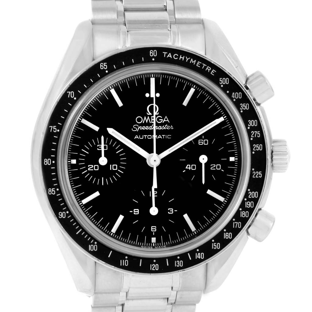 The image shows a frontal view of an Omega Speedmaster 3539.50.00 Men
s Stainless Steel Black Dial 3539.50.00 Men
s Stainless Steel Black Dial watch with a stainless steel bracelet, black dial, and tachymeter bezel.