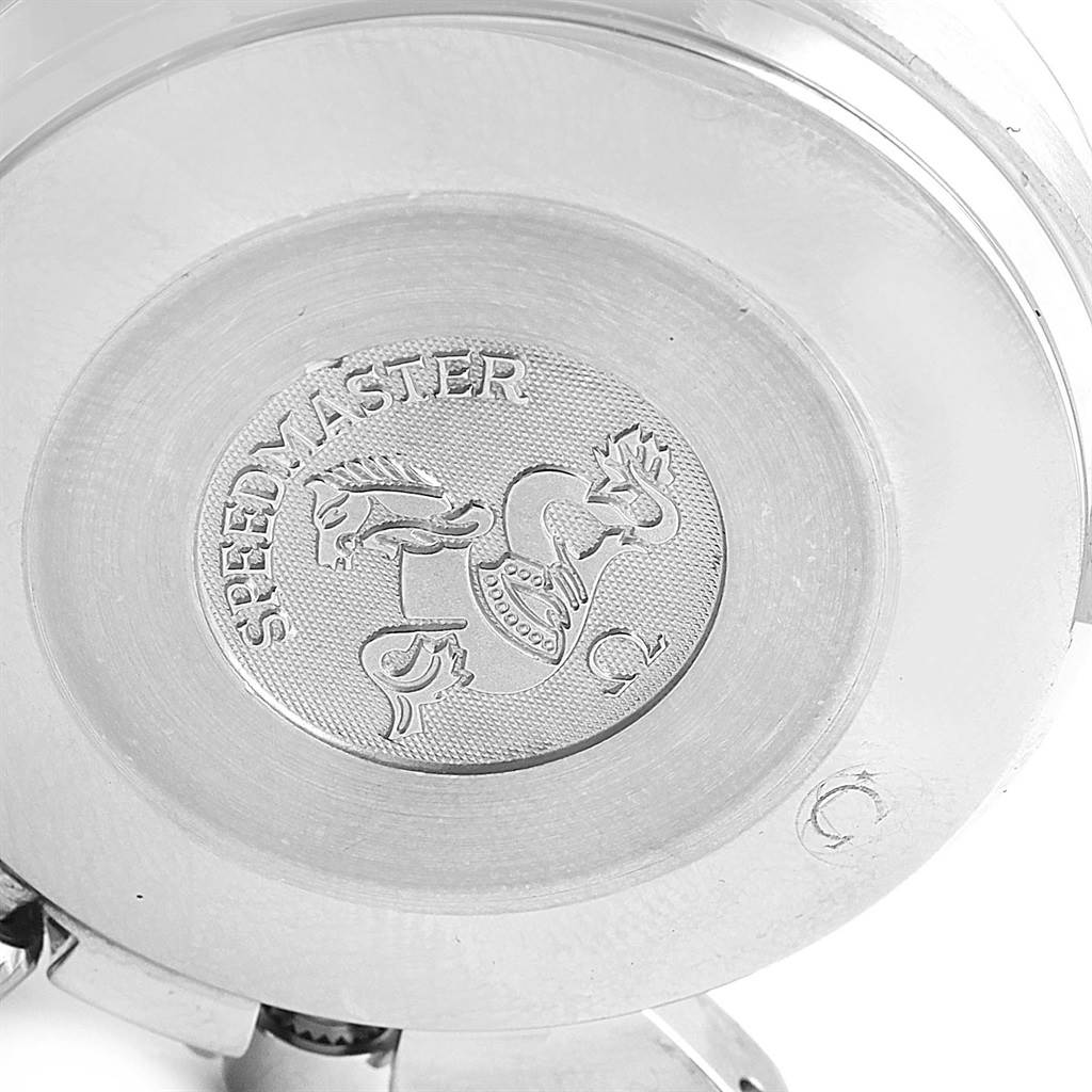 The image shows the back case of an Omega Speedmaster 3539.50.00 Men
s Stainless Steel Black Dial 3539.50.00 Men
s Stainless Steel Black Dial watch, featuring the engraved Speedmaster logo and emblem.