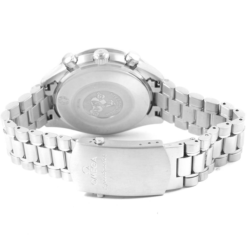 The image shows the back case and bracelet clasp of an Omega Speedmaster 3539.50.00 Men
s Stainless Steel Black Dial 3539.50.00 Men
s Stainless Steel Black Dial watch viewed from the rear.