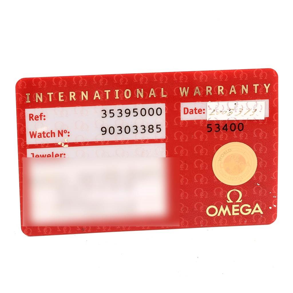 The image shows the International Warranty Card for the Omega Speedmaster 3539.50.00 Men
s Stainless Steel Black Dial 3539.50.00 Men
s Stainless Steel Black Dial watch.