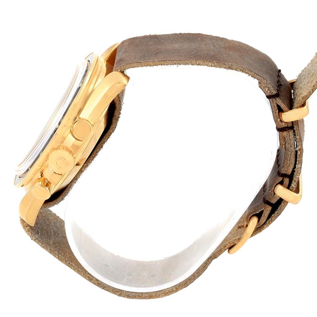 This image shows the side profile of the Omega Speedmaster 3695.50.31 Men's Yellow Gold Black Dial 3695.50.31 Men's Yellow Gold Black Dial, highlighting the case, crown, and pushers, along with the leather strap.