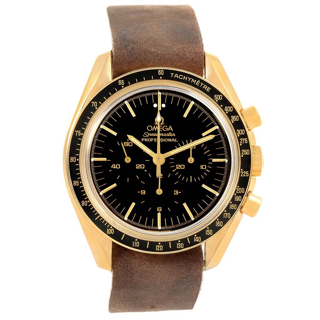 This image shows an Omega Speedmaster 3695.50.31 Men's Yellow Gold Black Dial 3695.50.31 Men's Yellow Gold Black Dial watch from a top-down angle, highlighting its dial, bezel, and leather strap.
