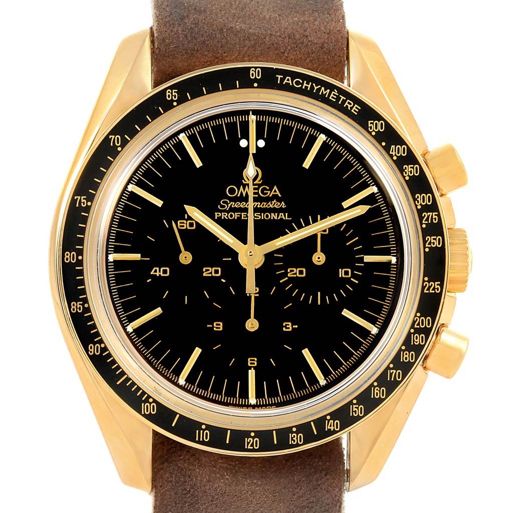 The image shows a frontal view of the Omega Speedmaster 3695.50.31 Men's Yellow Gold Black Dial 3695.50.31 Men's Yellow Gold Black Dial Professional watch, displaying its dial, bezel, and brown leather strap.