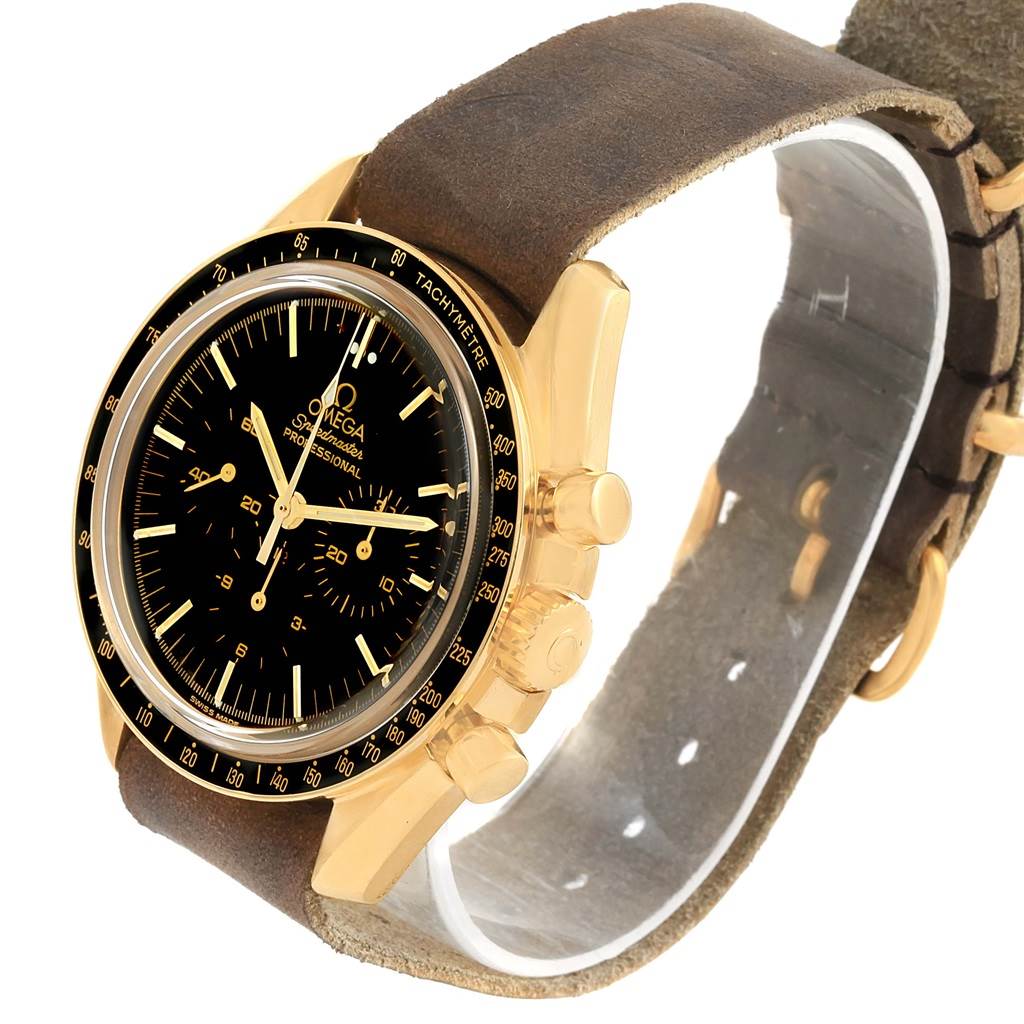 The image shows an Omega Speedmaster 3695.50.31 Men's Yellow Gold Black Dial 3695.50.31 Men's Yellow Gold Black Dial seen from an angled side view featuring the dial, crown, pushers, and part of the leather strap.