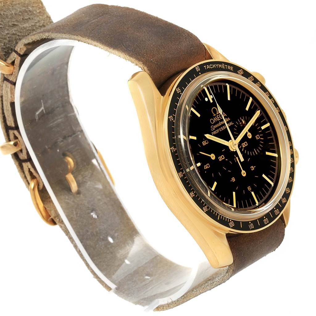 The image shows an Omega Speedmaster 3695.50.31 Men's Yellow Gold Black Dial 3695.50.31 Men's Yellow Gold Black Dial watch, angled to highlight its face, bezel, and part of the brown leather strap.