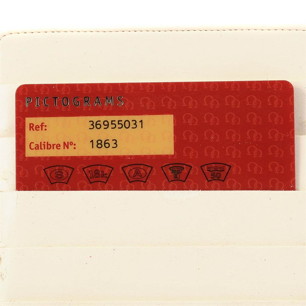 This image shows the pictogram card for an Omega Speedmaster 3695.50.31 Men's Yellow Gold Black Dial 3695.50.31 Men's Yellow Gold Black Dial, displaying the reference number and calibre number.