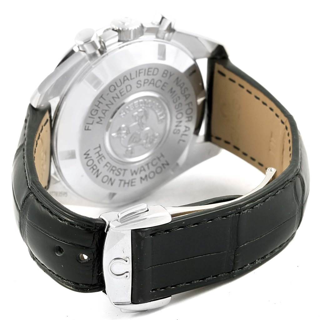 The image shows the back casing and leather strap of an Omega Speedmaster 311.30.42.30.01.005 Men
s Stainless Steel Black Dial 311.30.42.30.01.005 Men
s Stainless Steel Black Dial watch.