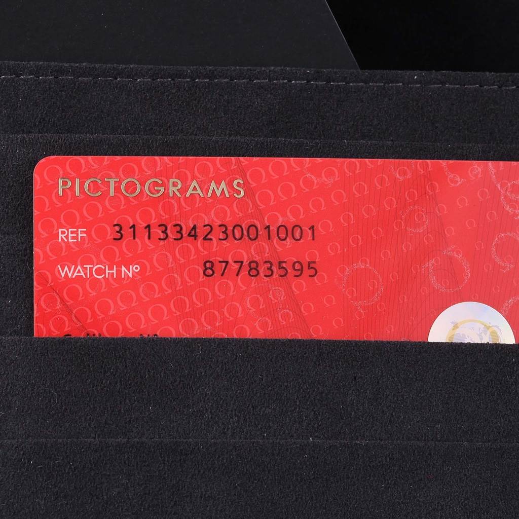 The image shows an Omega Speedmaster 311.30.42.30.01.005 Men
s Stainless Steel Black Dial 311.30.42.30.01.005 Men
s Stainless Steel Black Dial reference card displaying the reference and watch number, placed in a card slot.