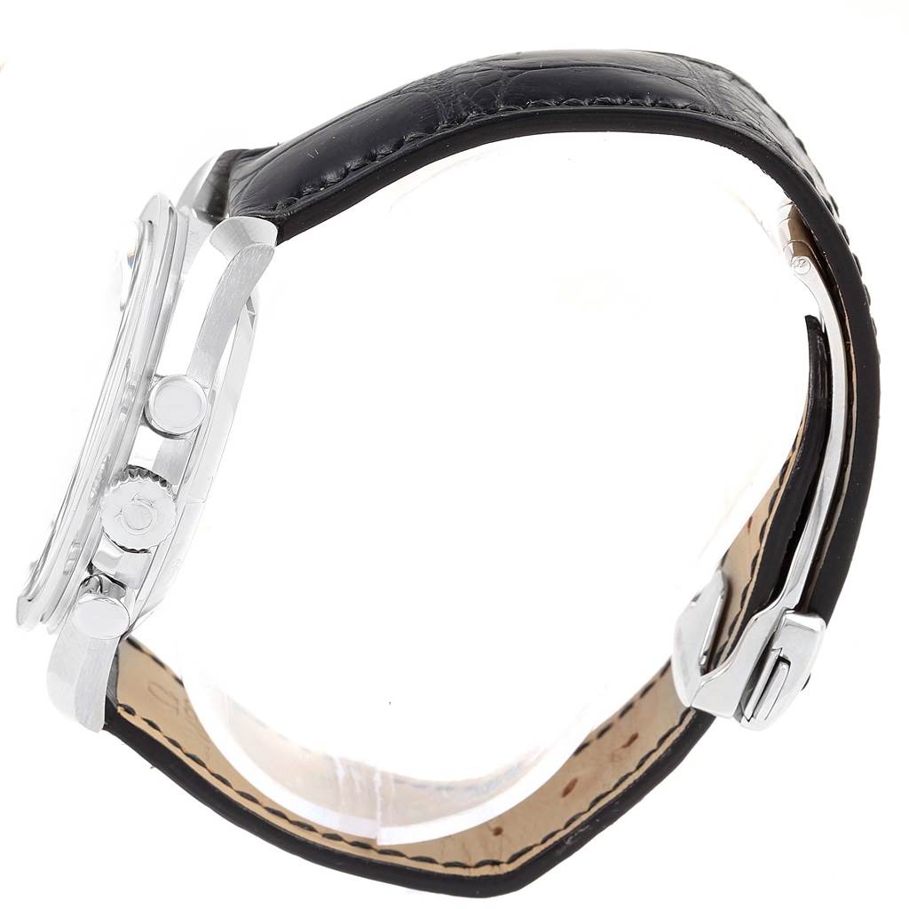 The image shows a side view of the Omega Speedmaster 311.30.42.30.01.005 Men
s Stainless Steel Black Dial 311.30.42.30.01.005 Men
s Stainless Steel Black Dial watch, highlighting its black leather strap and side buttons.