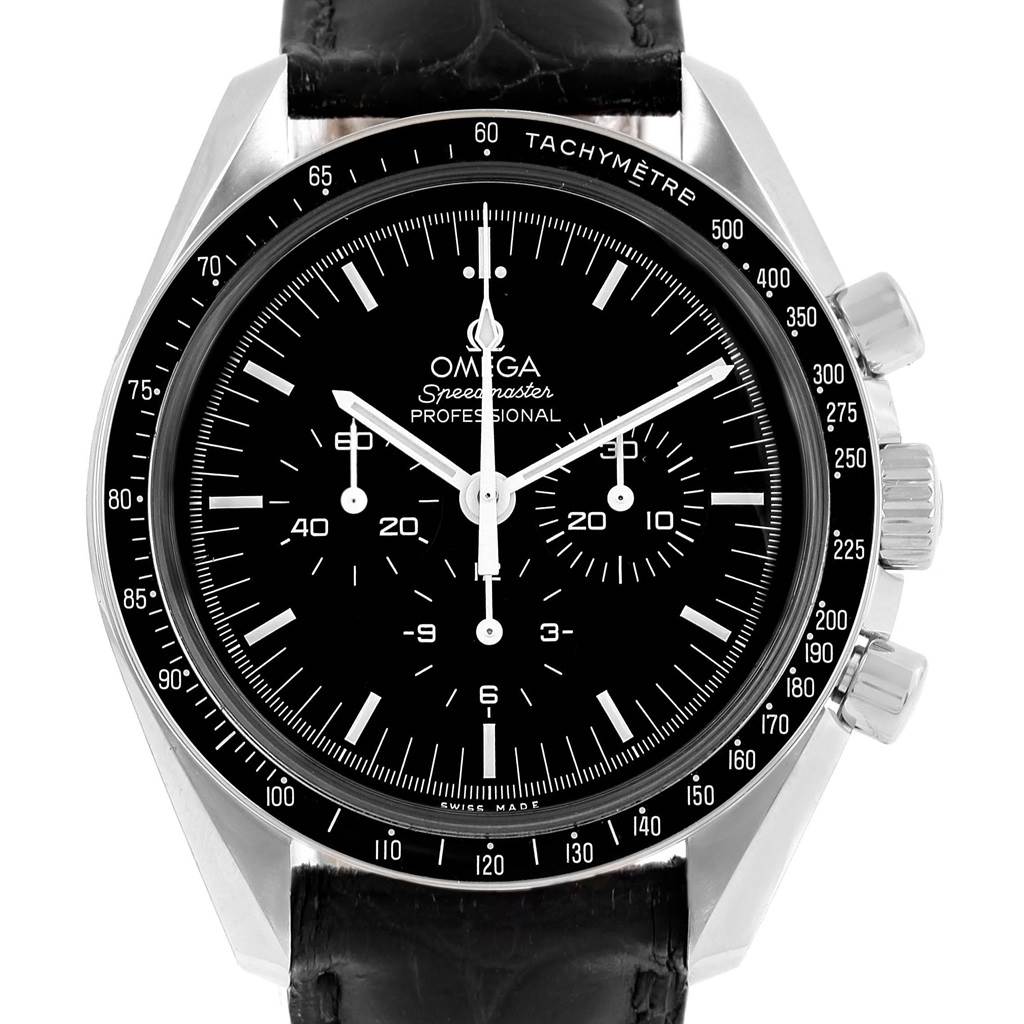 The image shows a front view of an Omega Speedmaster 311.30.42.30.01.005 Men
s Stainless Steel Black Dial 311.30.42.30.01.005 Men
s Stainless Steel Black Dial watch, showcasing its dial, crown, pushers, and tachymeter bezel.