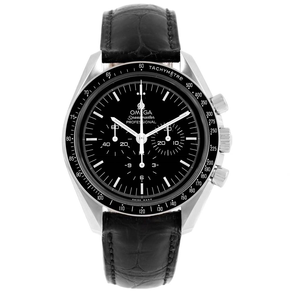 The image shows a front view of an Omega Speedmaster 311.30.42.30.01.005 Men
s Stainless Steel Black Dial 311.30.42.30.01.005 Men
s Stainless Steel Black Dial watch, displaying the dial, tachymeter bezel, and black leather strap.