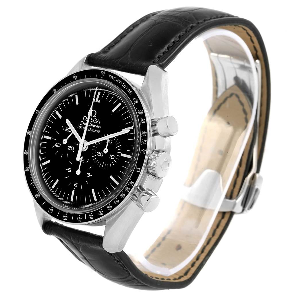 The Omega Speedmaster 311.30.42.30.01.005 Men
s Stainless Steel Black Dial 311.30.42.30.01.005 Men
s Stainless Steel Black Dial watch is shown at an angle highlighting its face, bezel, chronograph pushers, and leather strap.