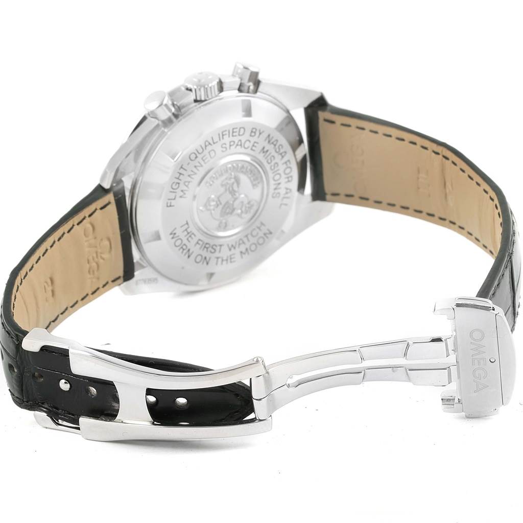 The image shows the back case, clasp, and part of the strap of an Omega Speedmaster 311.30.42.30.01.005 Men
s Stainless Steel Black Dial 311.30.42.30.01.005 Men
s Stainless Steel Black Dial watch.