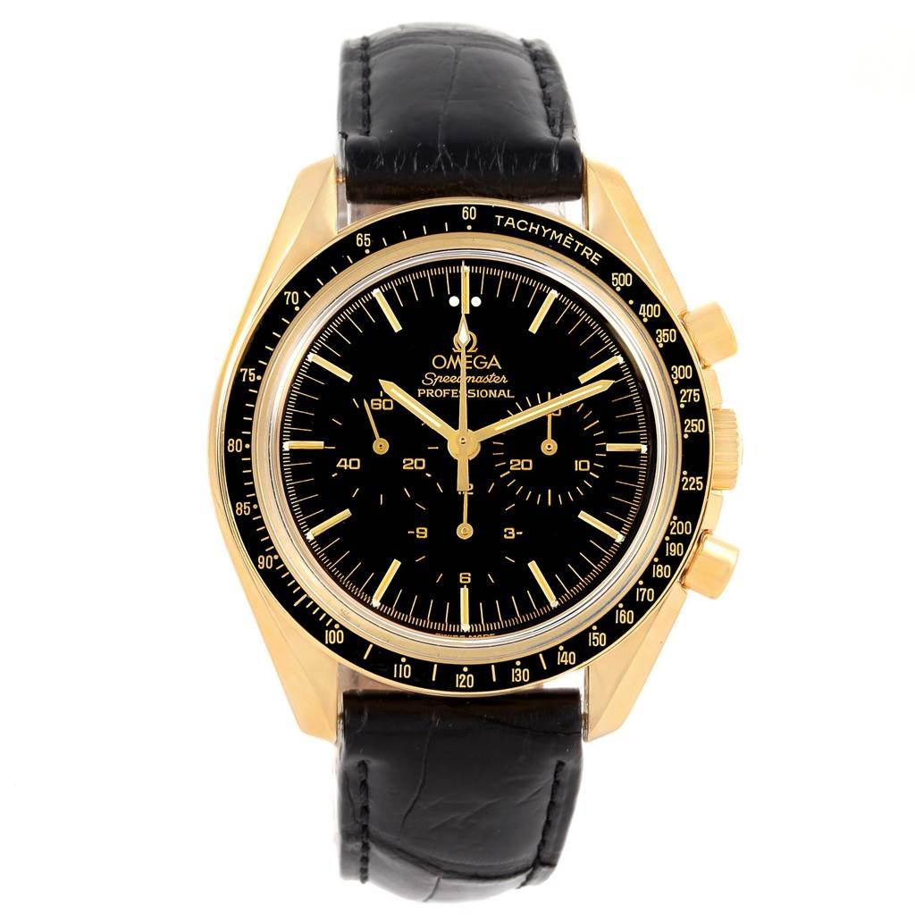 The Omega Speedmaster 3695.50.31 Men's Yellow Gold Black Dial 3695.50.31 Men's Yellow Gold Black Dial watch is shown from a top-down angle, displaying the face, bezel, crown, pushers, and strap.