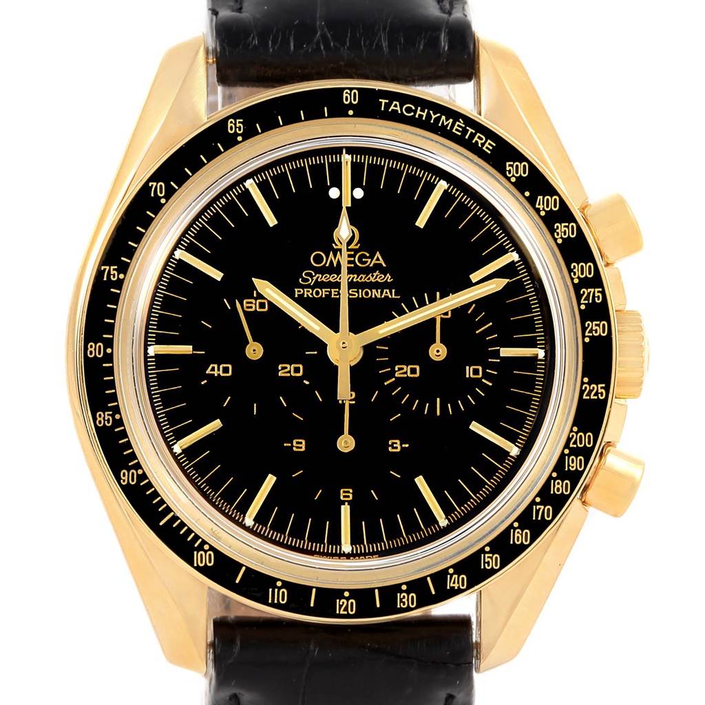 The image shows a front view of the Omega Speedmaster 3695.50.31 Men's Yellow Gold Black Dial 3695.50.31 Men's Yellow Gold Black Dial Professional watch, highlighting its black dial, gold case, and leather strap.