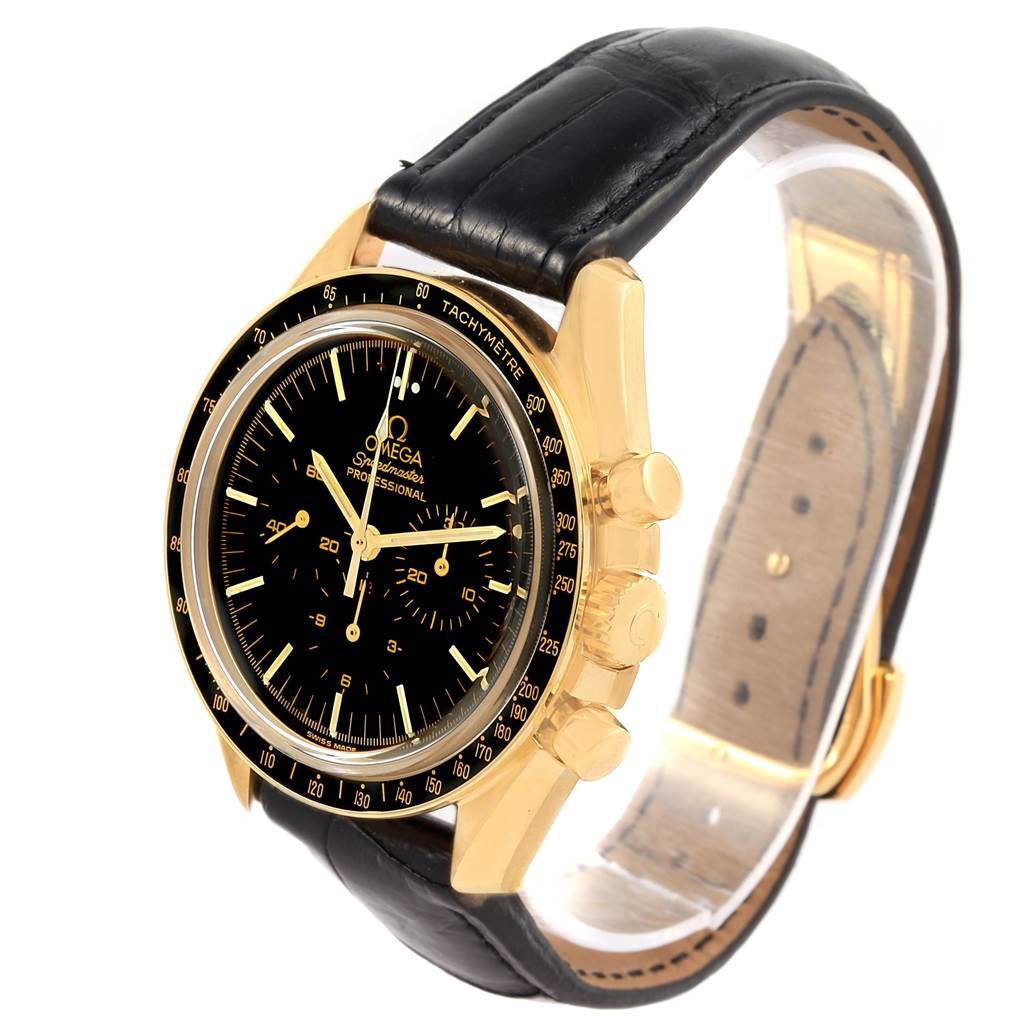 This image shows a side view of the Omega Speedmaster 3695.50.31 Men's Yellow Gold Black Dial 3695.50.31 Men's Yellow Gold Black Dial watch, highlighting its black dial, tachymeter bezel, gold case, and black leather strap.