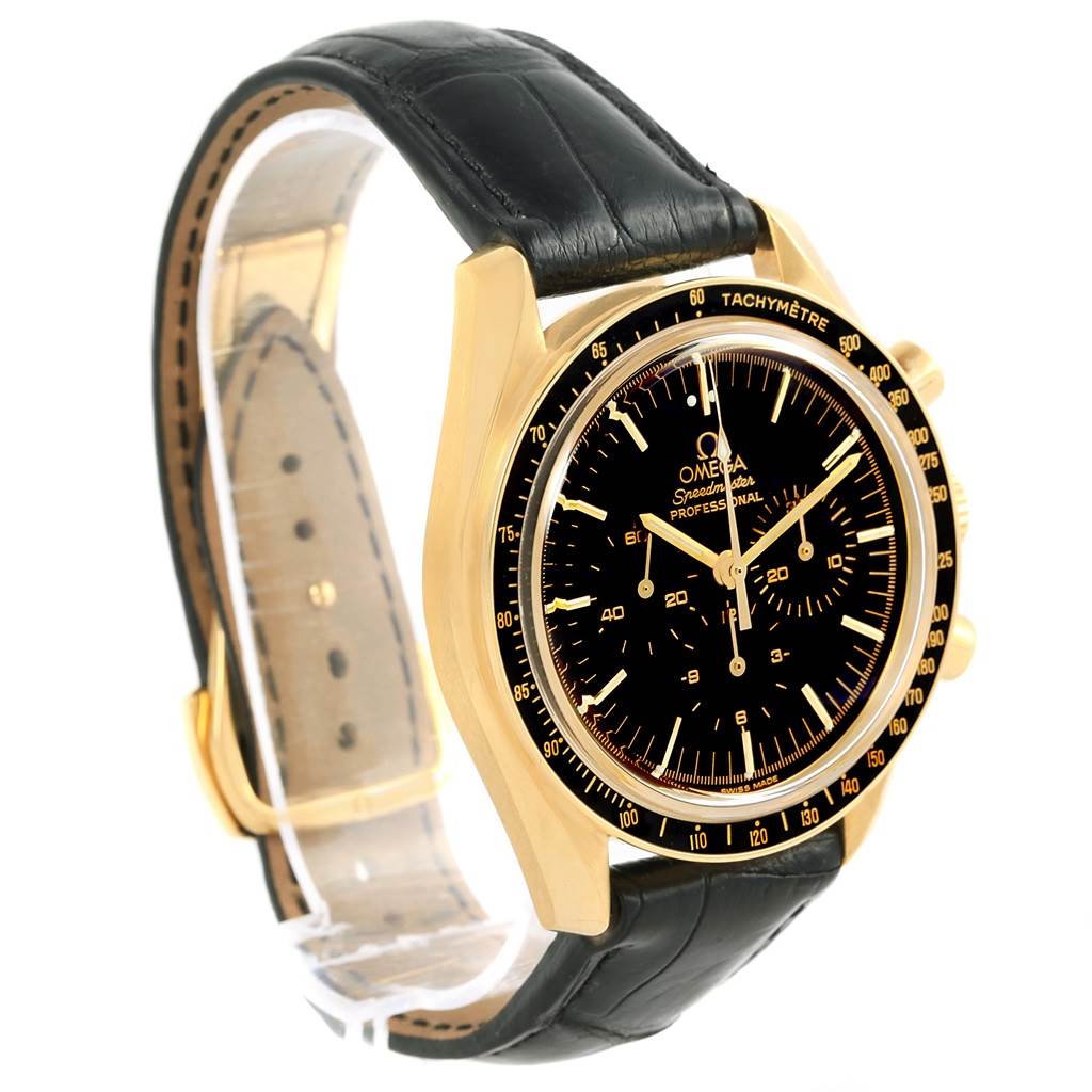 The image shows a side-front angle of an Omega Speedmaster 3695.50.31 Men's Yellow Gold Black Dial 3695.50.31 Men's Yellow Gold Black Dial watch with a black leather strap and a gold case.