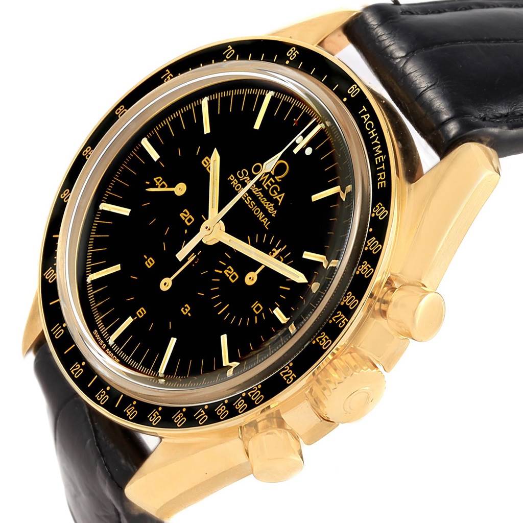 The image shows a close-up angle of the Omega Speedmaster 3695.50.31 Men's Yellow Gold Black Dial 3695.50.31 Men's Yellow Gold Black Dial watch, highlighting its gold case, black dial, tachymeter bezel, and leather strap.
