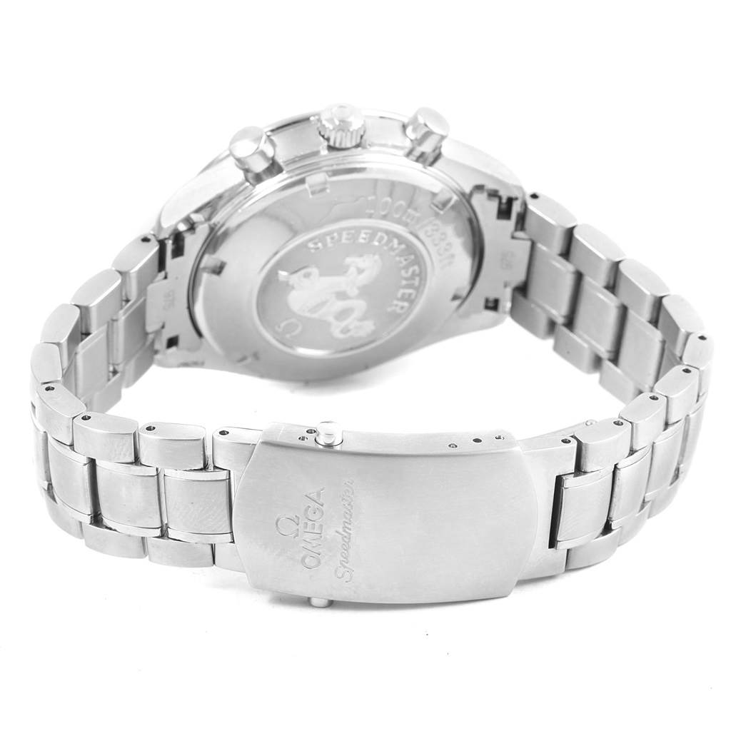 The image shows the back case and bracelet of an Omega Speedmaster 3210.52.00 Men
s Stainless Steel Black Dial 3210.52.00 Men
s Stainless Steel Black Dial watch, with the branding visible on the clasp and case back.