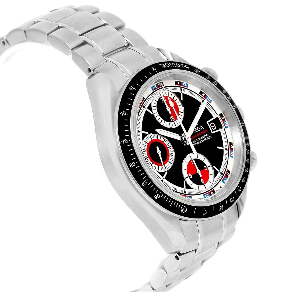 The Omega Speedmaster 3210.52.00 Men
s Stainless Steel Black Dial 3210.52.00 Men
s Stainless Steel Black Dial watch is shown from an angled front view, highlighting its dial, tachymeter bezel, and metal bracelet.