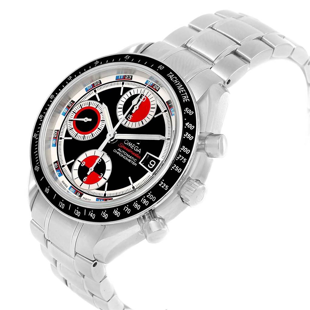 The Omega Speedmaster 3210.52.00 Men
s Stainless Steel Black Dial 3210.52.00 Men
s Stainless Steel Black Dial watch is shown in a three-quarter angle, highlighting the face, chronograph dials, tachymeter, and part of the bracelet.