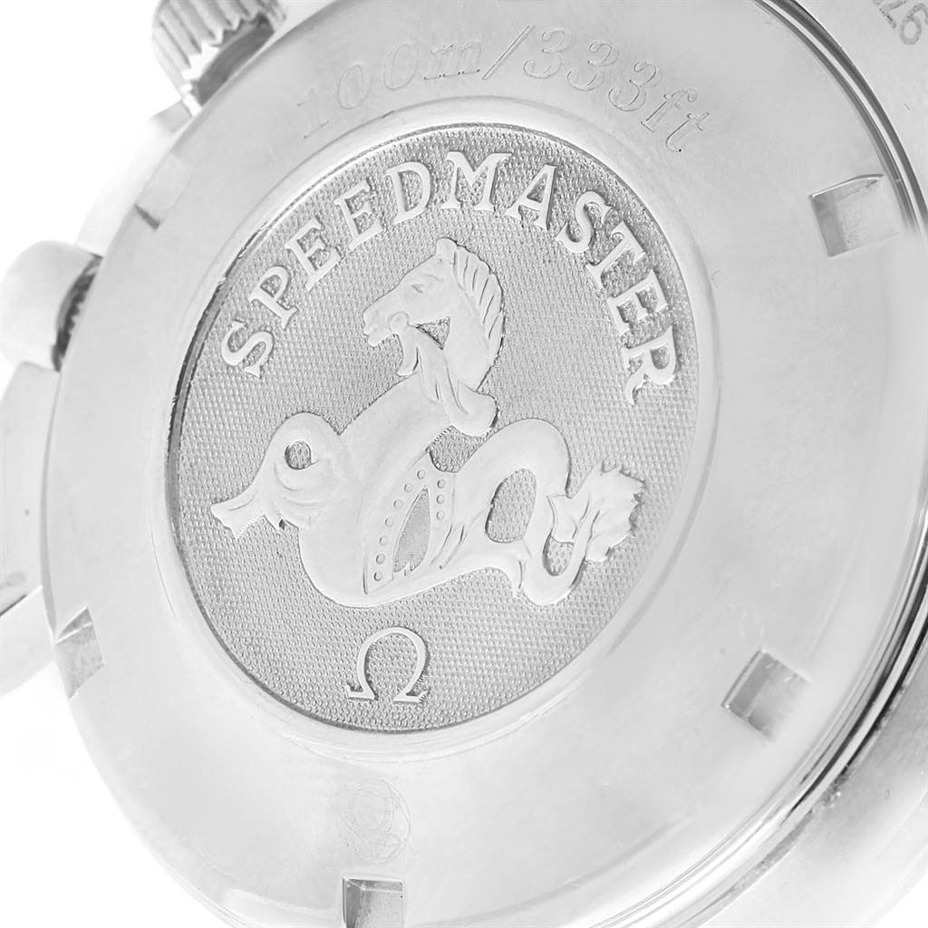 The image shows the back case of an Omega Speedmaster 3210.52.00 Men
s Stainless Steel Black Dial 3210.52.00 Men
s Stainless Steel Black Dial watch, featuring its emblem and water resistance details.