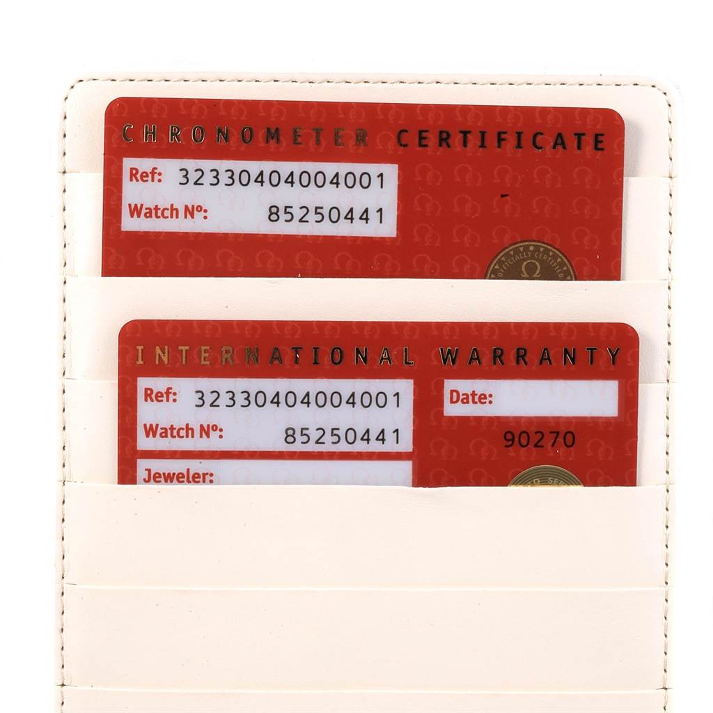 The image shows the chronometer certificate and international warranty cards for an Omega Speedmaster 323.30.40.40.04.001 Men's Stainless Steel White Dial 323.30.40.40.04.001 Men's Stainless Steel White Dial watch.