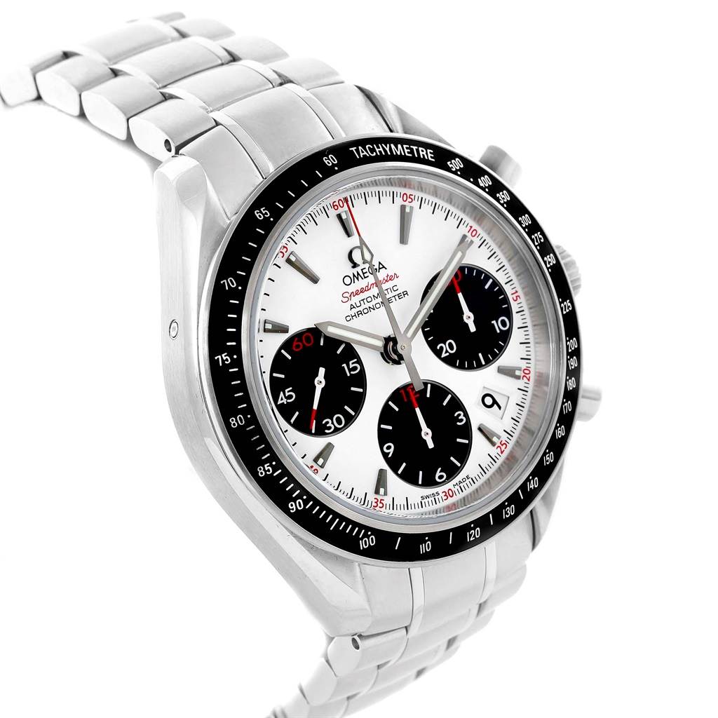 The image shows an Omega Speedmaster 323.30.40.40.04.001 Men's Stainless Steel White Dial 323.30.40.40.04.001 Men's Stainless Steel White Dial watch at a three-quarter angle, highlighting the dial, bezel, and metal bracelet.