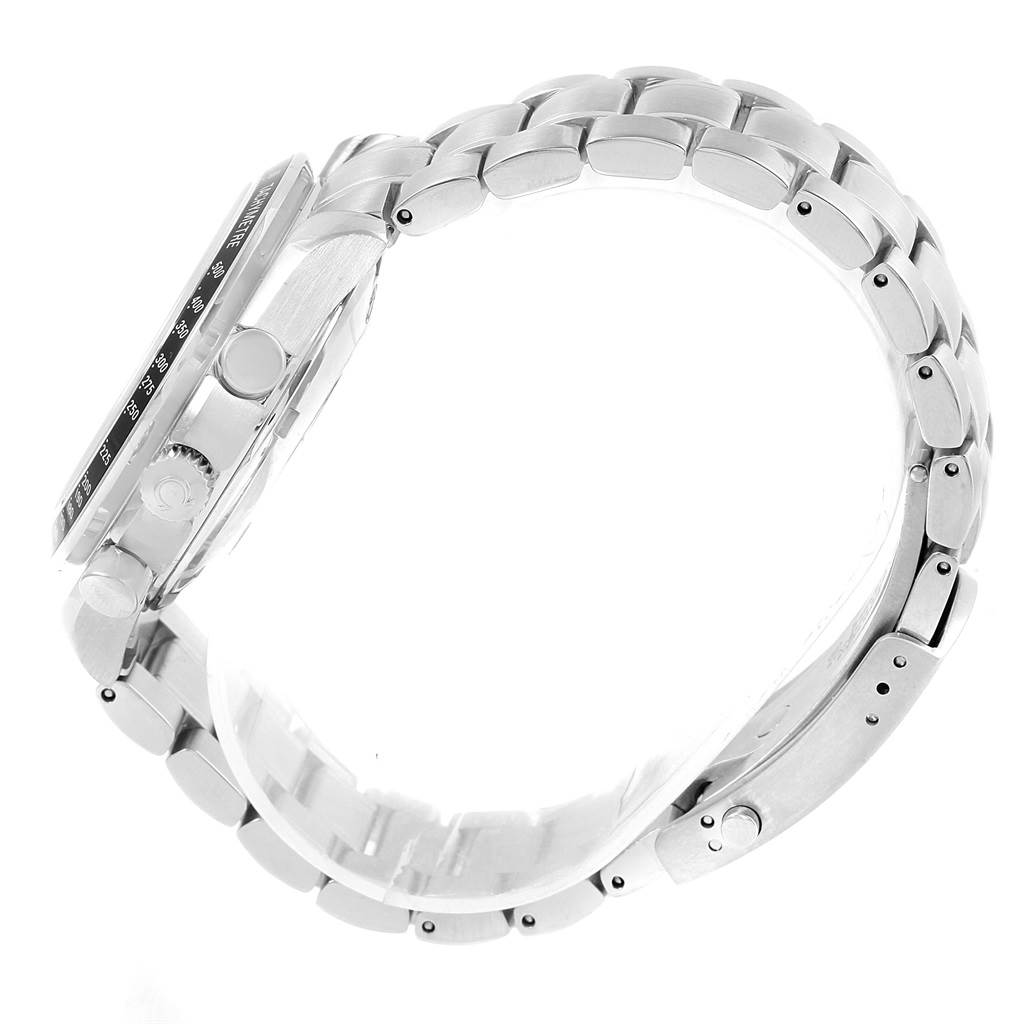 This side view of the Omega Speedmaster 323.30.40.40.04.001 Men's Stainless Steel White Dial 323.30.40.40.04.001 Men's Stainless Steel White Dial watch shows its profile, metal bracelet, crown, and pushers.