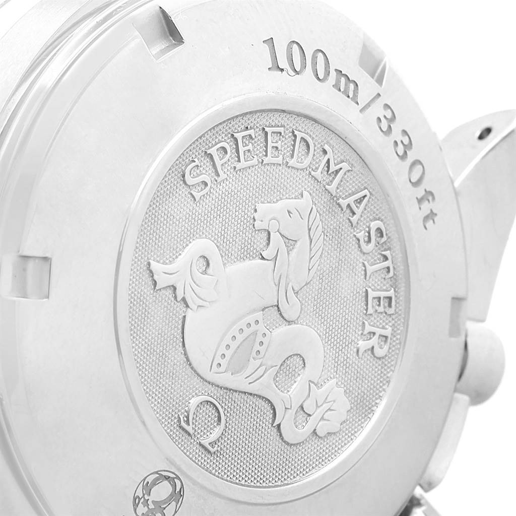 The image shows the back case of an Omega Speedmaster 323.30.40.40.04.001 Men's Stainless Steel White Dial 323.30.40.40.04.001 Men's Stainless Steel White Dial watch, featuring the brand logo and water resistance engraving.