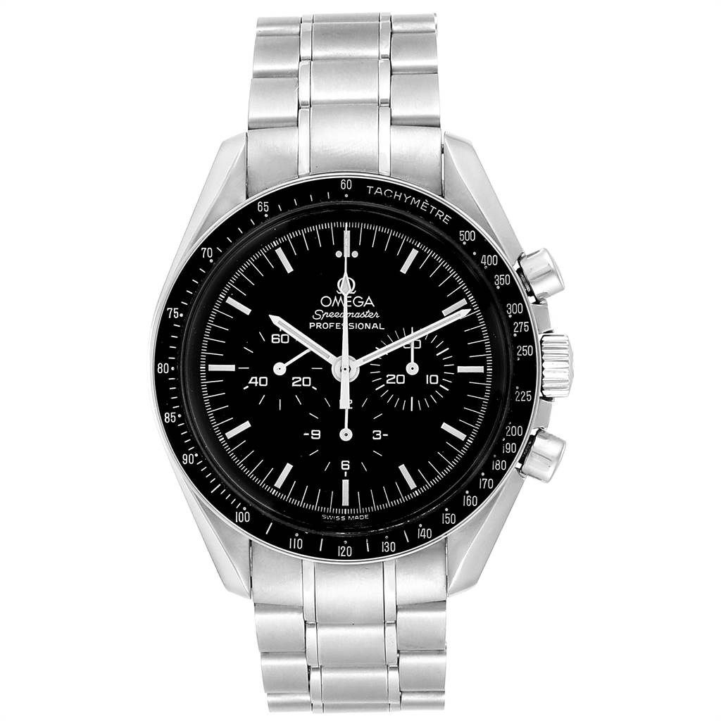 The Omega Speedmaster 3571.50.00 Men's Stainless Steel Black Dial 3571.50.00 Men's Stainless Steel Black Dial watch is shown from the front, displaying the face, bezel, and stainless steel bracelet.