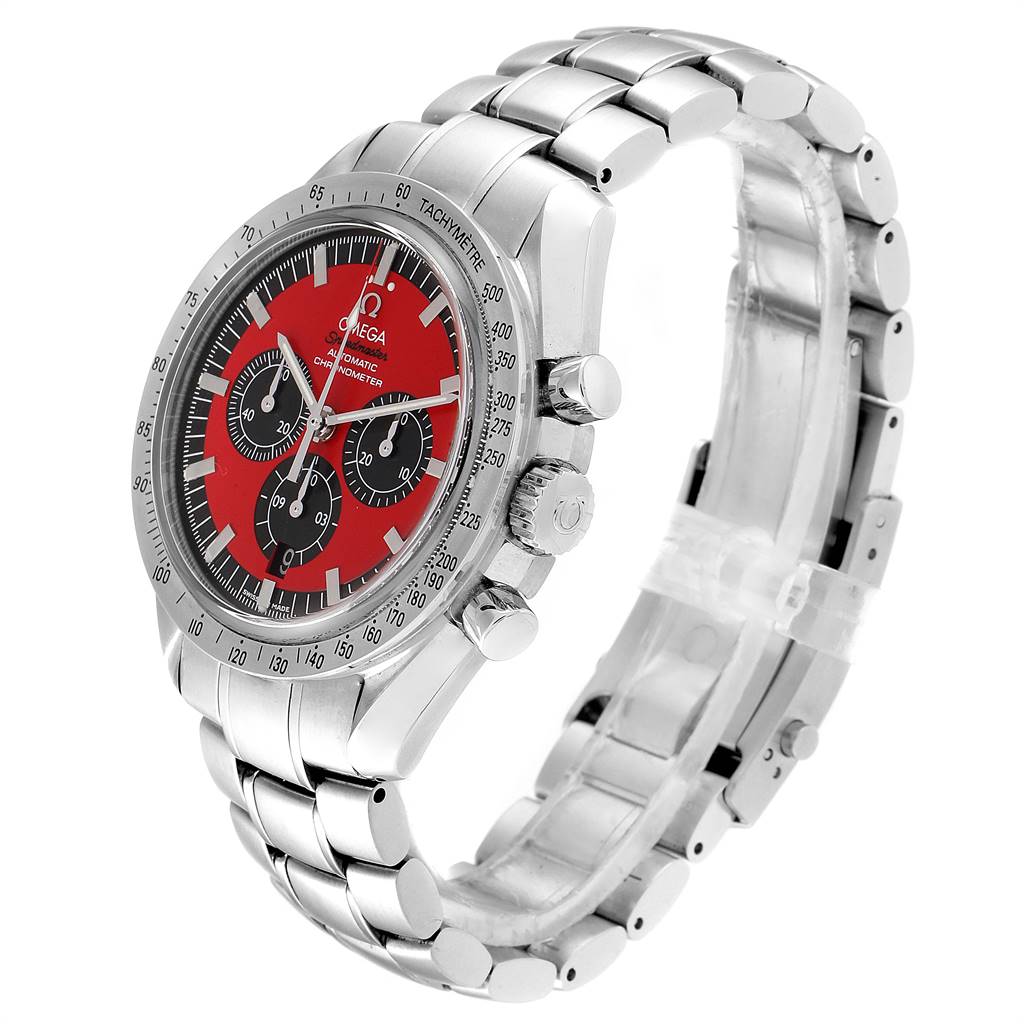 This Omega Speedmaster 3506.61.00 Men
s Stainless Steel Red Dial 3506.61.00 Men
s Stainless Steel Red Dial watch is shown from a side angle, highlighting the case, bracelet, bezel, and crown.