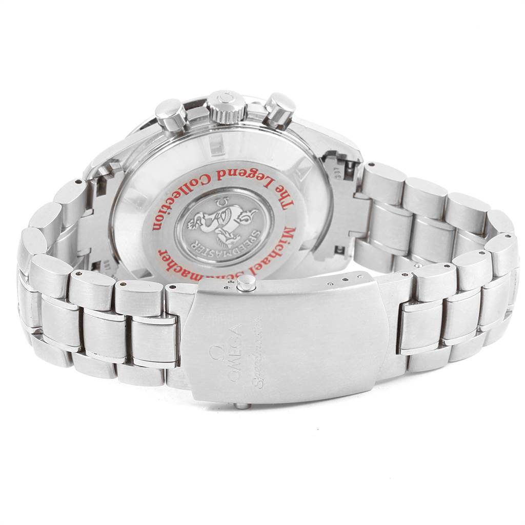 This image shows the back of an Omega Speedmaster 3506.61.00 Men
s Stainless Steel Red Dial 3506.61.00 Men
s Stainless Steel Red Dial watch, focusing on its case back, bracelet, and clasp.