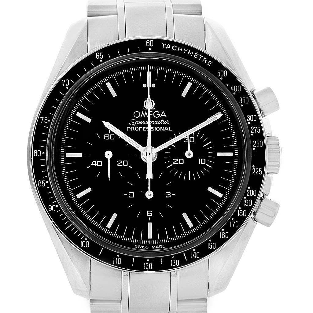 The image shows the front view of the Omega Speedmaster 3570.50.00 Men
s Stainless Steel Black Dial 3570.50.00 Men
s Stainless Steel Black Dial Professional watch, displaying its dial and bezel.