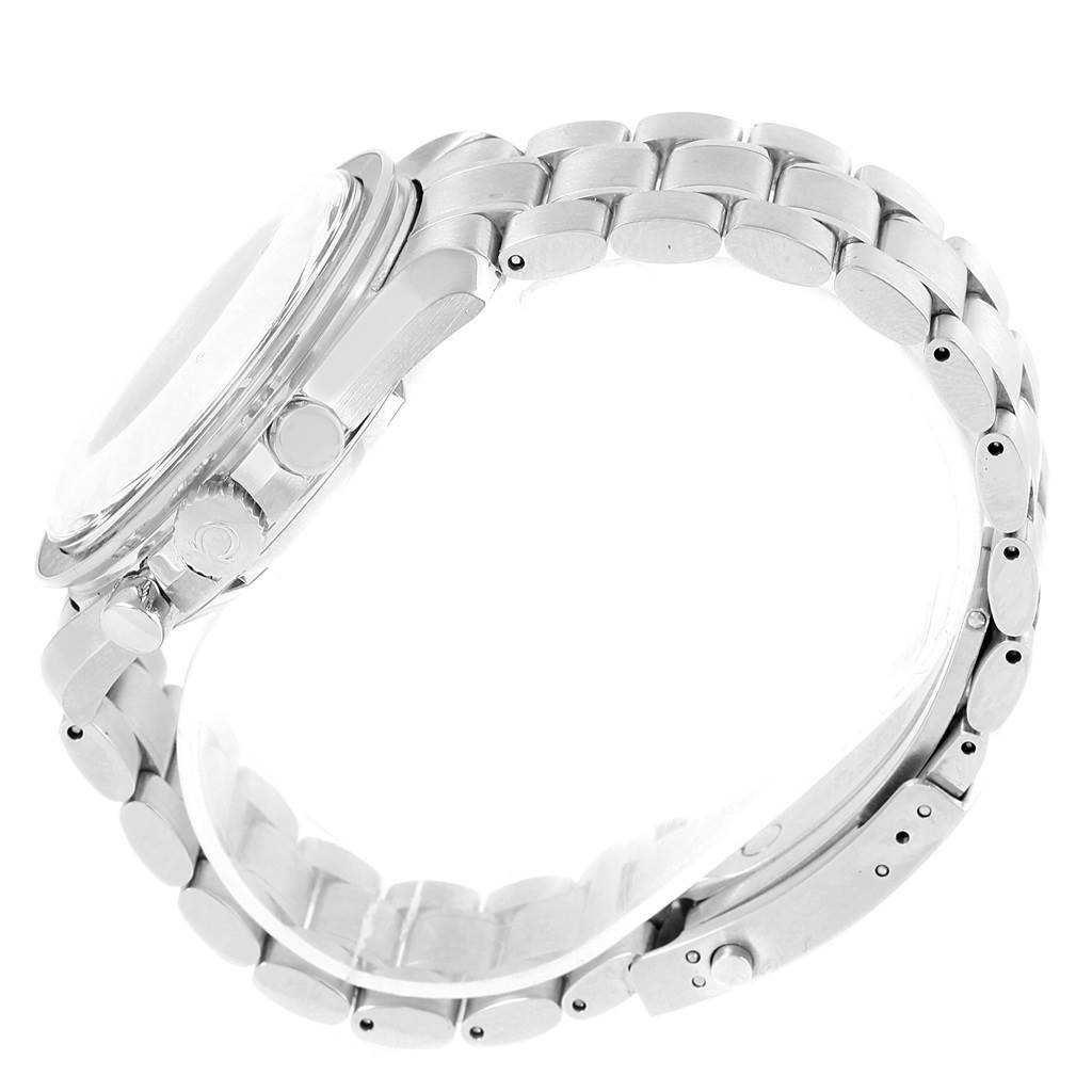 The image shows the side view of an Omega Speedmaster 3570.50.00 Men
s Stainless Steel Black Dial 3570.50.00 Men
s Stainless Steel Black Dial watch with a focus on the crown, pushers, and stainless steel bracelet.