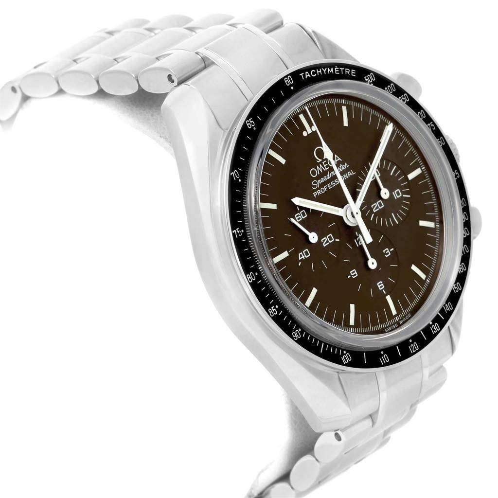 This image shows the Omega Speedmaster 311.30.42.30.13.001 Men's Stainless Steel Brown Dial 311.30.42.30.13.001 Men's Stainless Steel Brown Dial watch from a side angle, highlighting its dial, bezel, and bracelet links.