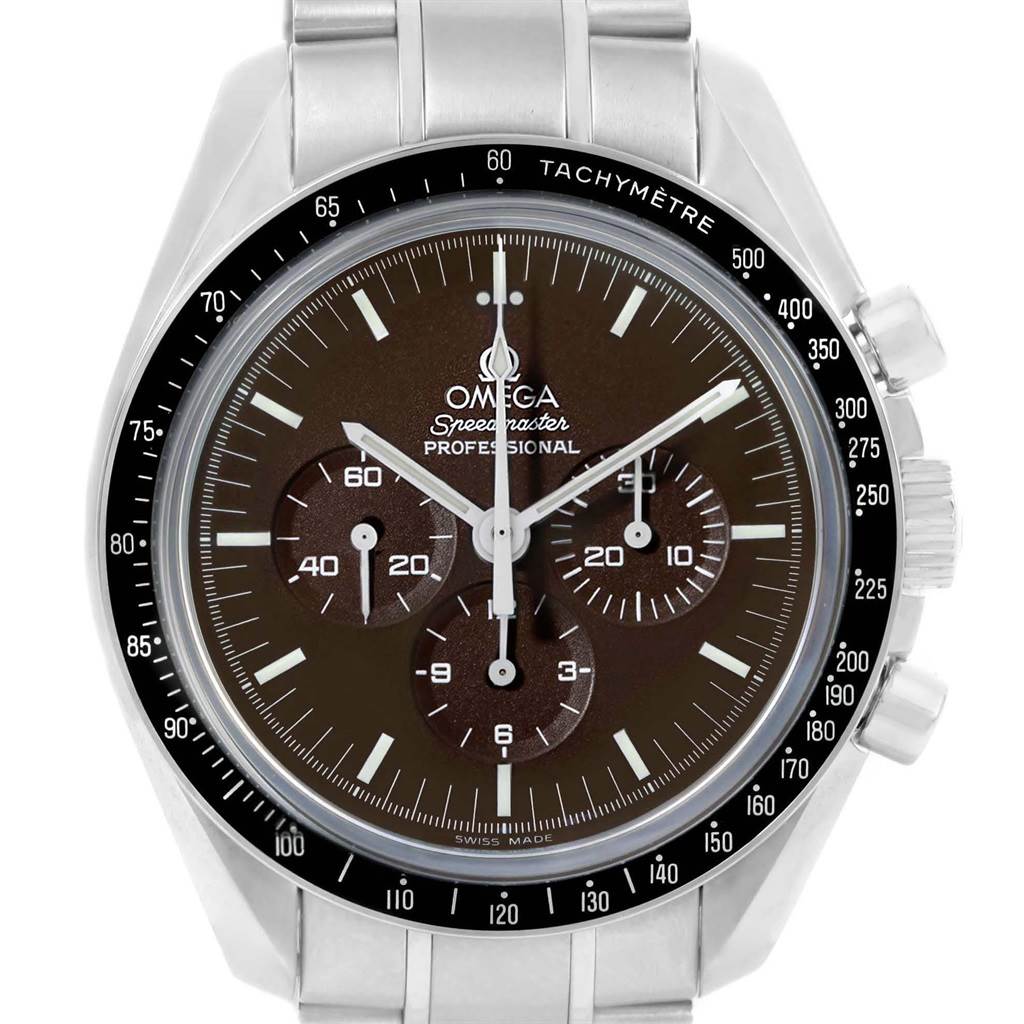 This Omega Speedmaster 311.30.42.30.13.001 Men's Stainless Steel Brown Dial 311.30.42.30.13.001 Men's Stainless Steel Brown Dial watch is shown from a front angle, displaying its face, bezel, and stainless steel bracelet.