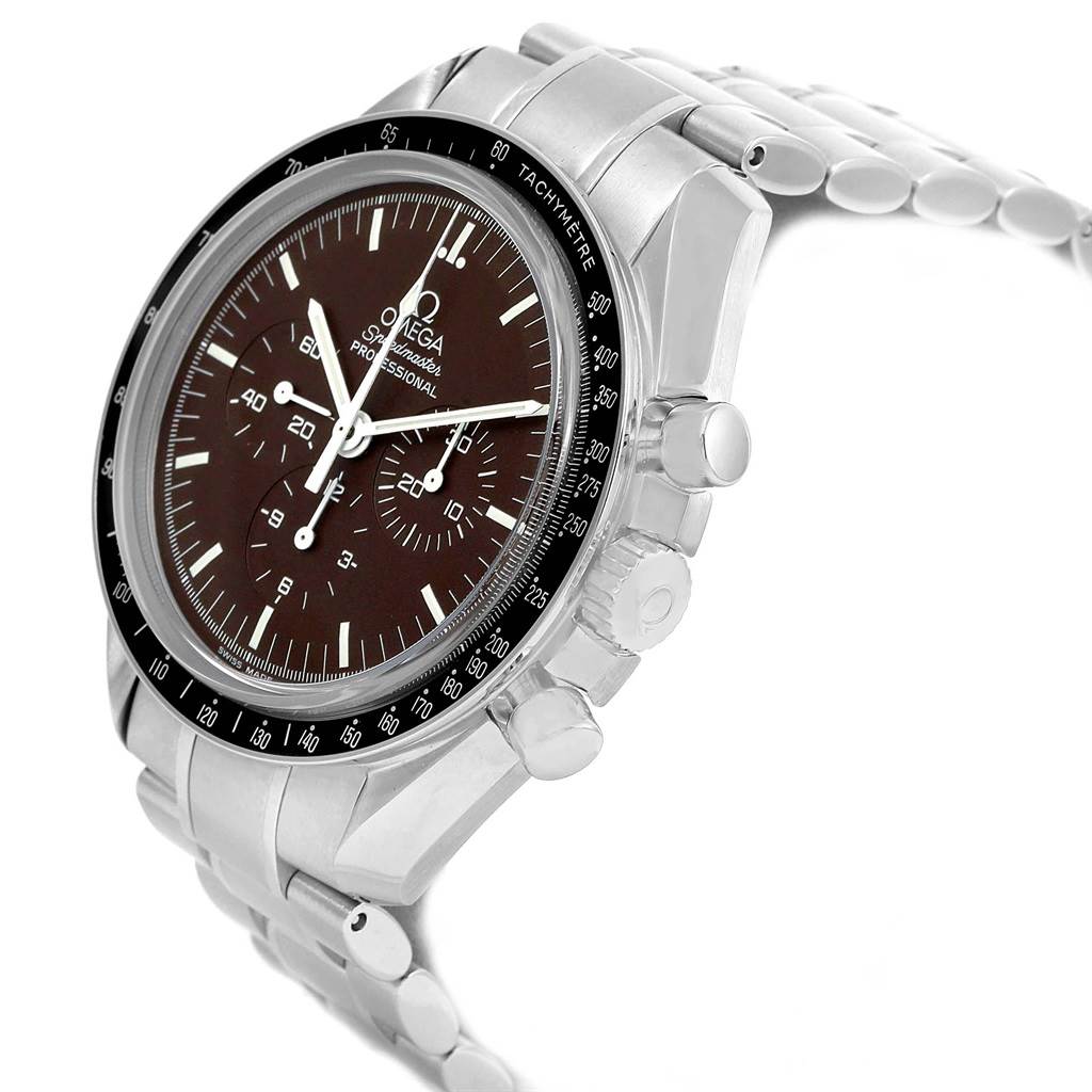 This image shows the Omega Speedmaster 311.30.42.30.13.001 Men's Stainless Steel Brown Dial 311.30.42.30.13.001 Men's Stainless Steel Brown Dial watch from a three-quarter angle highlighting the face, tachymeter bezel, and bracelet.
