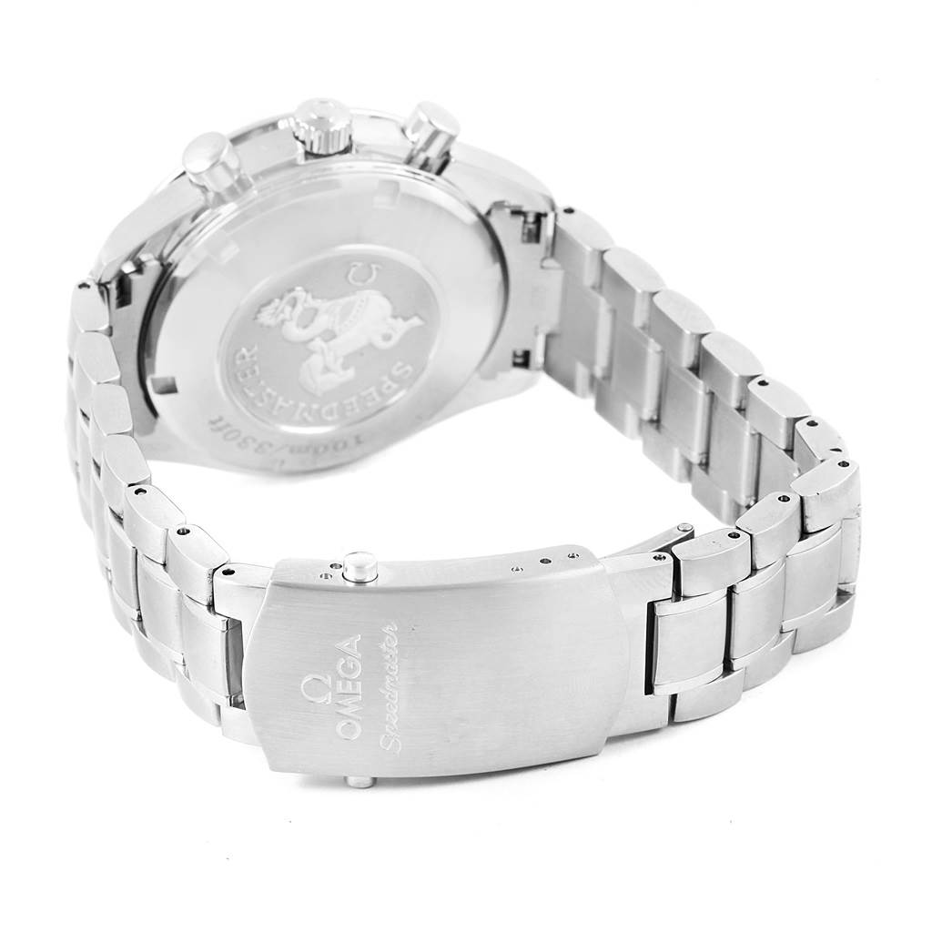 The image shows the back and bracelet clasp of an Omega Speedmaster 323.30.40.40.04.001 Men
s Stainless Steel White Dial 323.30.40.40.04.001 Men
s Stainless Steel White Dial watch from a rear angle.