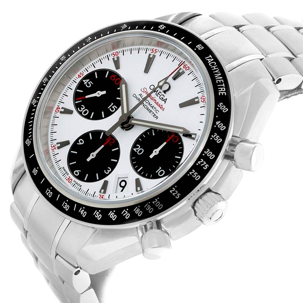The Omega Speedmaster 323.30.40.40.04.001 Men
s Stainless Steel White Dial 323.30.40.40.04.001 Men
s Stainless Steel White Dial watch is shown from an angled close-up, highlighting the face, bezel, and partial bracelet.