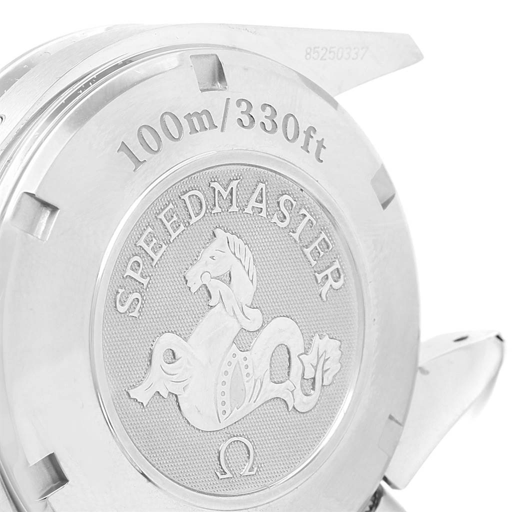 The image shows the back case of an Omega Speedmaster 323.30.40.40.04.001 Men
s Stainless Steel White Dial 323.30.40.40.04.001 Men
s Stainless Steel White Dial watch, highlighting its engraving and water resistance (100m/330ft).