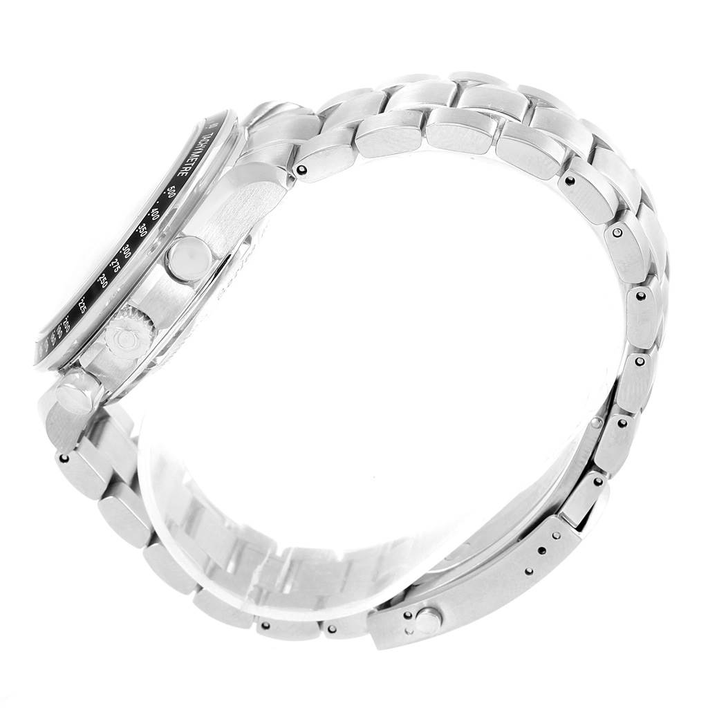 The image shows a side view of an Omega Speedmaster 323.30.40.40.02.001 Men's Stainless Steel White Dial 323.30.40.40.02.001 Men's Stainless Steel White Dial watch, highlighting its bezel, crown, and metal bracelet.