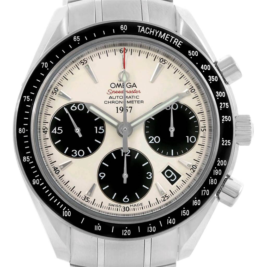 This image shows a frontal view of the Omega Speedmaster 323.30.40.40.02.001 Men's Stainless Steel White Dial 323.30.40.40.02.001 Men's Stainless Steel White Dial watch, displaying its dial, bezel, and chronograph sub-dials.
